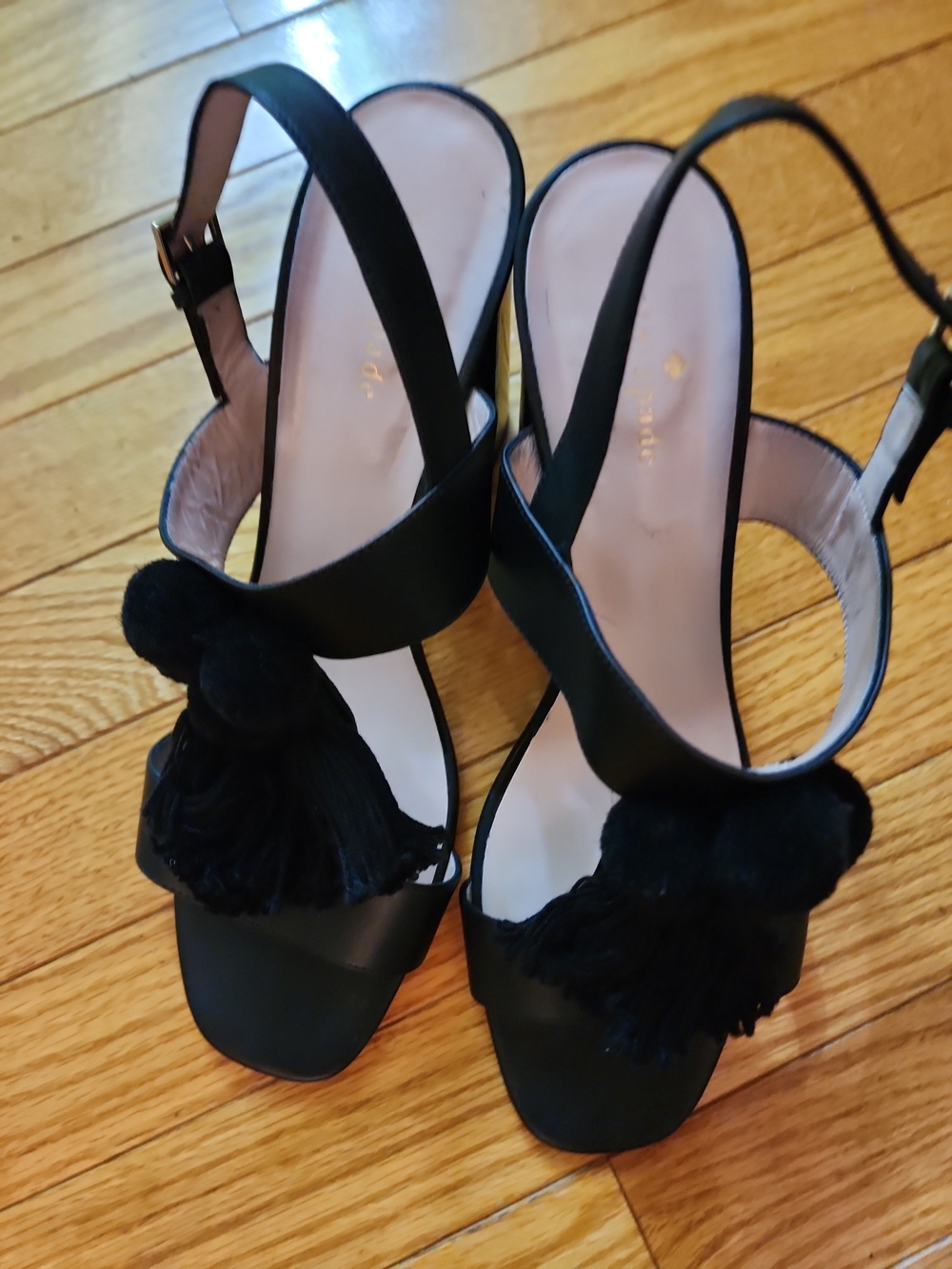 Katw Spade  Central Too Black Leather Tassel /Pom Pom Slingback Block Heel Heels